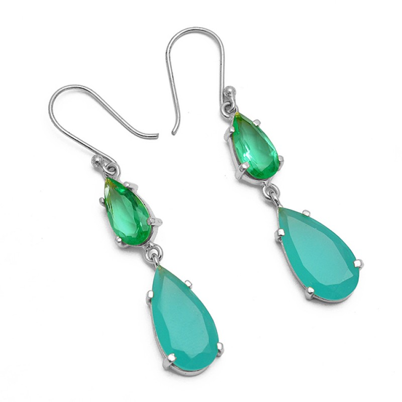 Pear Shape Apatite Chalcedony Gemstone 925 Sterling Silver Gold Plated Dangle Earrings