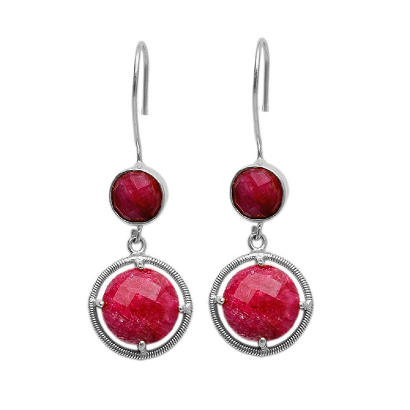 Round Briolette Ruby Gemstone 925 Sterling Silver Gold Plated Dangle Earrings