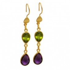 Amethyst Peridot Pear Shape Gemstone Gold Plated Bezel Setting Dangle Earrings