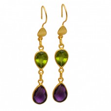 Amethyst Peridot Pear Shape Gemstone Gold Plated Bezel Setting Dangle Earrings