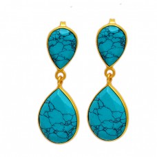 Pear Shape Turquoise Gemstone 925 Sterling Silver Gold Plated Dangle Stud Earrings