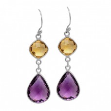 Citrine Amethyst Gemstone 925 Sterling Silver Gold Plated Dangle Handmade Earrings