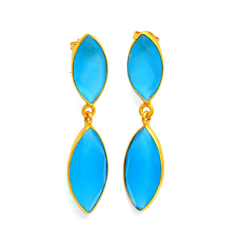 Marquise Shape Aqua Chalcedony Gemstone 925 Sterling Silver Gold Plated Stud Earrings
