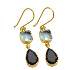 Blue Topaz Black Onyx Gemstone 925 Sterling Silver Gold Plated Dangle Earrings