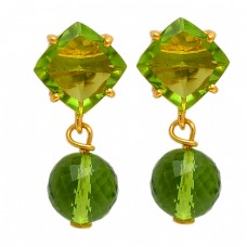 Square Round Balls Shape Peridot Gemstone 925 Silver Gold Plated Stud Earrings