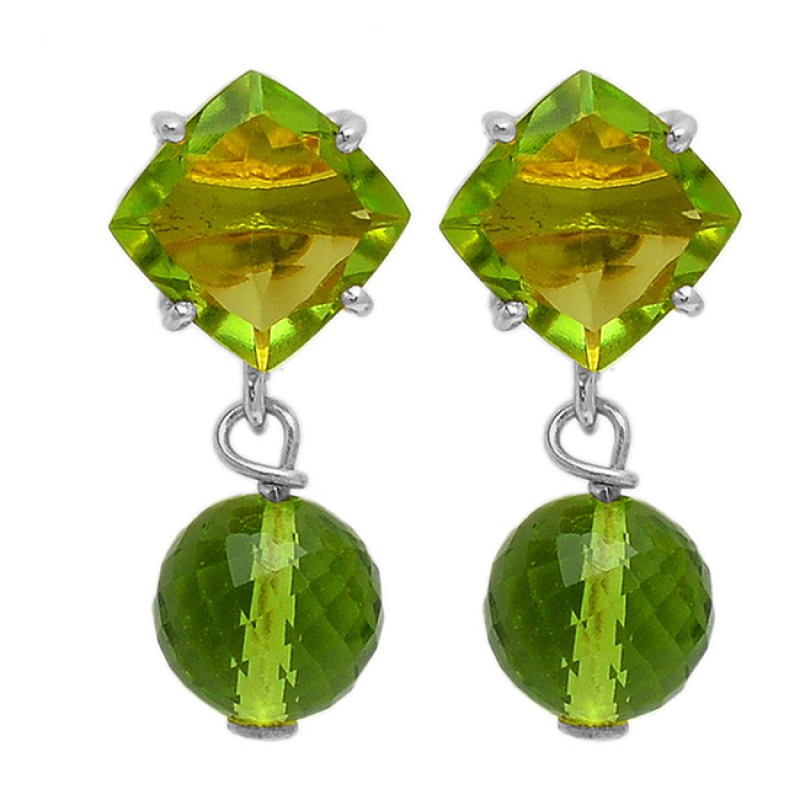 Square Round Balls Shape Peridot Gemstone 925 Silver Gold Plated Stud Earrings