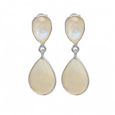 Bezel Setting Rainbow Moonstone Pear Shape 925 Sterling Silver Gold Plated Stud Earrings