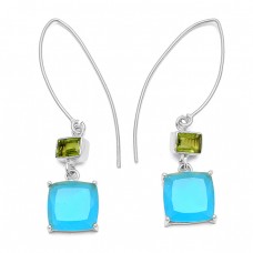 Peridot Chalcedony Gemstone 925 Sterling Silver Gold Plated Dangle Hoop Earrings