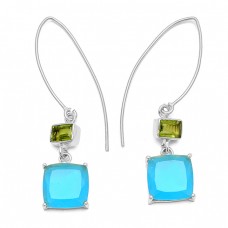 Peridot Chalcedony Gemstone 925 Sterling Silver Gold Plated Dangle Hoop Earrings