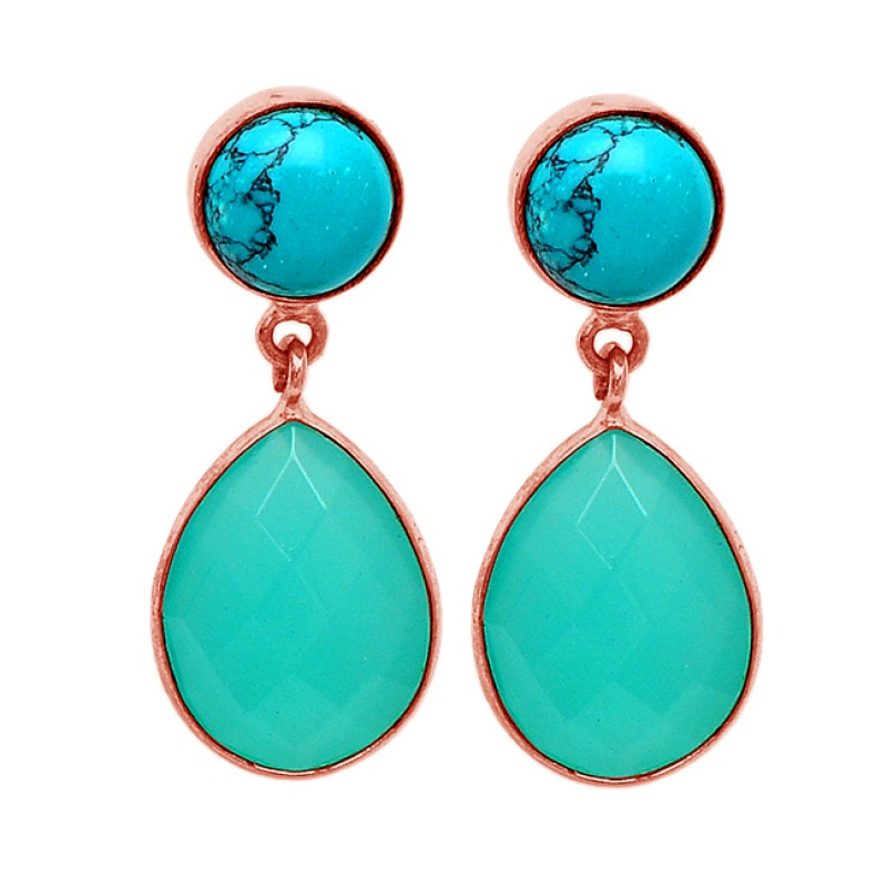 Turquoise Chalcedony Gemstone 925 Sterling Silver Gold Plated Stud Dangle Earrings