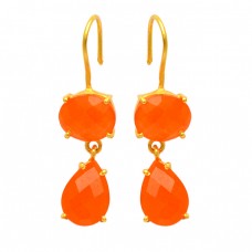 Carnelian Oval Pear Shape Gemstone 925 Sterling Silver Gold Plated Fixed Ear Wire Earrings