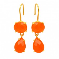 Carnelian Oval Pear Shape Gemstone 925 Sterling Silver Gold Plated Fixed Ear Wire Earrings