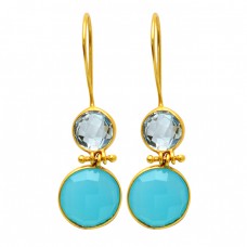 925 Sterling Silver Blue Topaz Chalcedony Gemstone Gold Plated Fixed Ear Wire Earrings