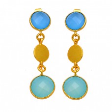 925 Sterling Silver Chalcedony Round Shape Gemstone Bezel Setting Gold Plated Earrings