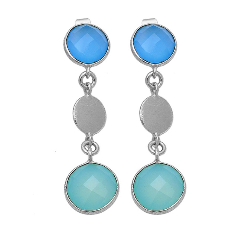 925 Sterling Silver Chalcedony Round Shape Gemstone Bezel Setting Gold Plated Earrings