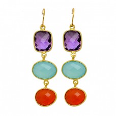 Amethyst Chalcedony Carnelian Gemstone 925 Sterling Silver Gold Plated Dangle Earrings