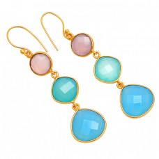 925 Sterling Silver Chalcedony Gemstone Gold Plated Dangle Handmade Earrings