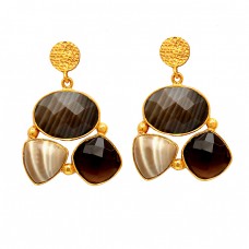 Flint Smoky Quartz Gemstone 925 Sterling Silver Gold Plated Stud Dangle Earrings