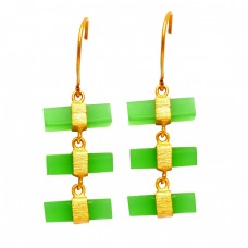 Prehnite Chalcedony Rectangle Box Shape Gemstone Gold Plated Dangle Earrings