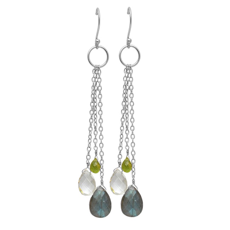 925 Sterling Silver Labradorite Crystal Peridot Gemstone Chain Hanging Gold Plated Earrings