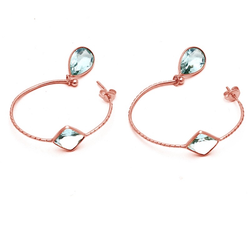 Blue Topaz Pear Square Shape Gemstone Gold Plated Designer Hoop Earrings