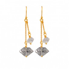 925 Sterling Silver Herkimer Diamond Rough Gemstone Gold Plated Chain Dangle Earrings