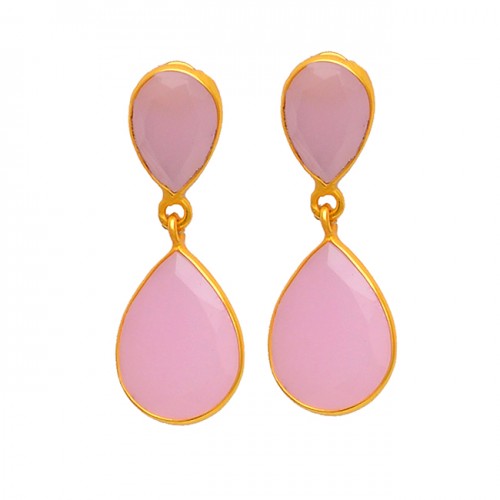 Rose Chalcedony Pear Shape Gemstone 925 Sterling Silver Gold Plated Stud Earrings