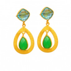 Handcrafted Designer Blue Topaz Chalcedony Gemstone Gold Plated Stud Dangle Earrings