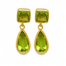 Peridot Cushion Pear Shape Gemstone 925 Sterling Silver Gold Plated Stud Dangle Earrings