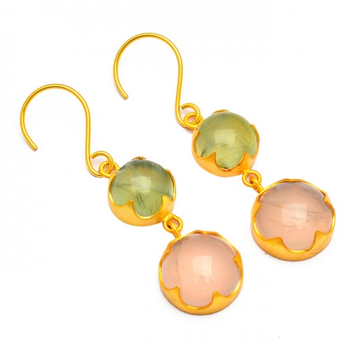 Cabochon Round Shape Rose Prehnite Color Chalcedony Gemstone Gold Plated Earrings