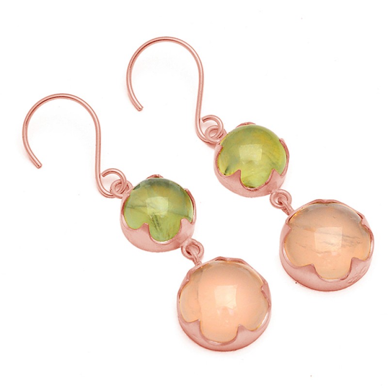 Cabochon Round Shape Rose Prehnite Color Chalcedony Gemstone Gold Plated Earrings
