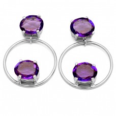 Faceted Oval Amethyst Gemstone Dangle 925 Sterling Silver Gold Plated Stud Earrings