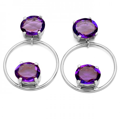 Faceted Oval Amethyst Gemstone Dangle 925 Sterling Silver Gold Plated Stud Earrings