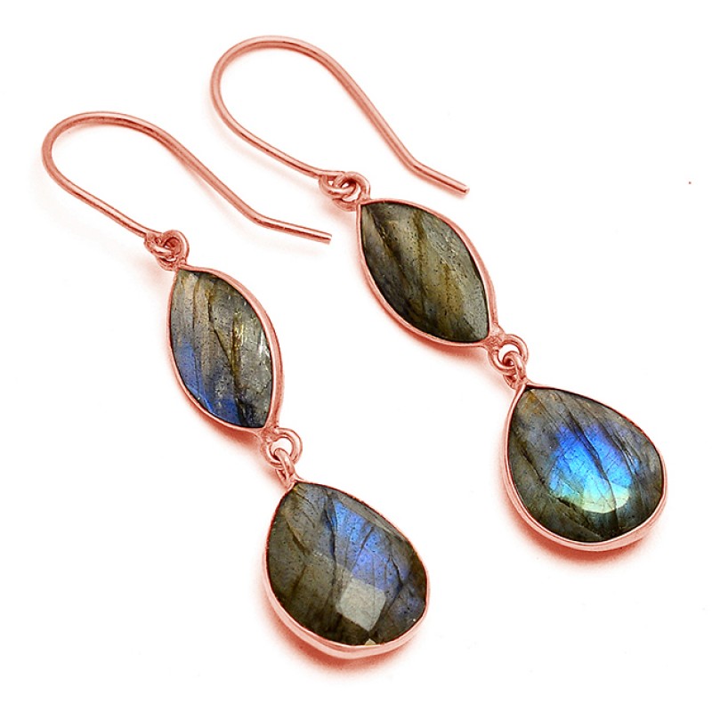 Labradorite Marquise Pear Shape Gemstone 925 Sterling Silver Gold Plated Dangle Earrings