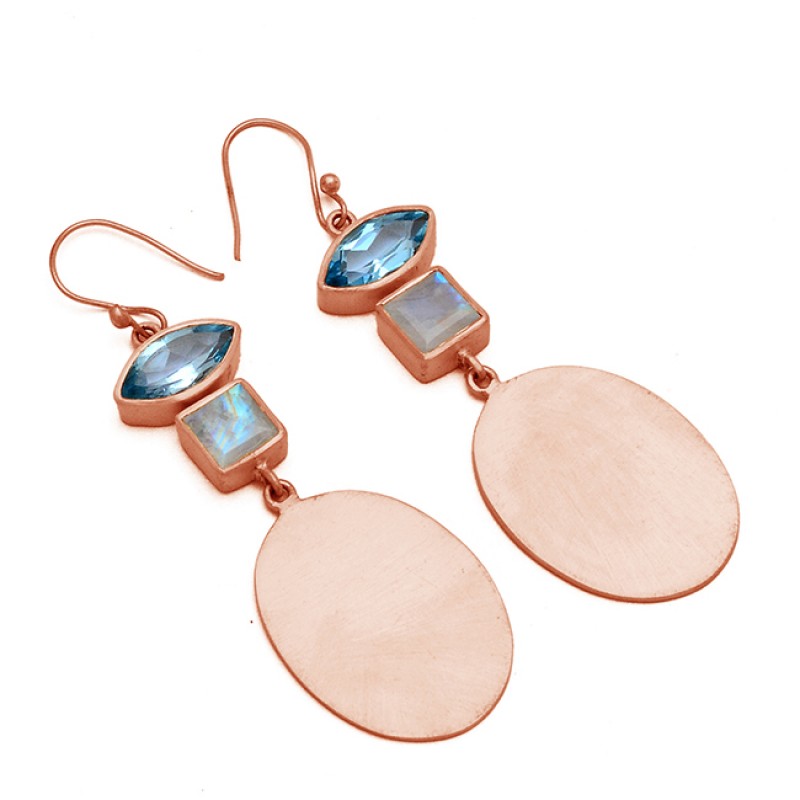 Moonstone Blue Topaz Gemstone Handcrafted Designer Gold Plated Dangle Earrings