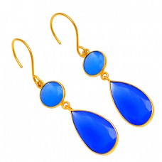 Blue Chalcedony Pear Round Shape Gemstone Bezel Setting Dangle Earrings