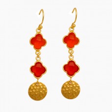 Carved Flower Shape Red Onyx Gemstone 925 Silver Gold Plated Deangle Earrings