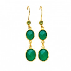 Bezel Setting Green Onyx Peridot Gemstone 925 Sterling Silver Gold Plated Dangle Earrings