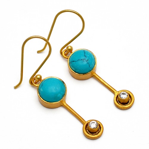Round Shape Turquoise Cubic Zirconia Gemstone 925 Silver Gold Plated Earrings