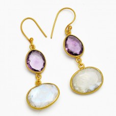 Amethyst Moonstone 925 Sterling Silver Gold Plated Dangle Handmade Earrings