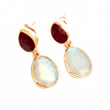 Ruby Rainbow Moonstone Handmade 925 Sterling Silver Stud Dangle Earrings