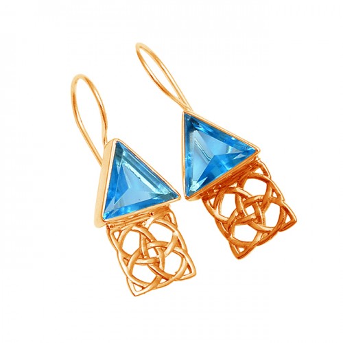 Blue Topaz Triangle Shape Gemstone 925 Sterling Silver Gold Plated Fixed Ear Wire Earrings
