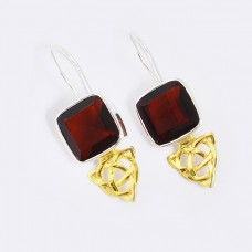 Cushion Shape Garnet Gemstone 925 Sterling silver Gold Plated Fixed Ear Wire Earrings