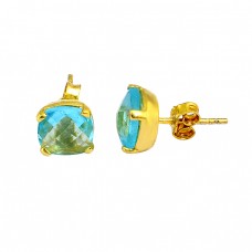 Cushion Shape Blue Topaz Gemstone 925 Sterling Silver Gold Plated Stud Earrings