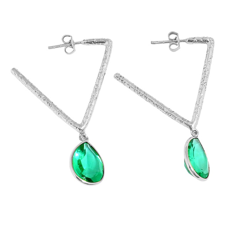 Faceted Pear Shape Green Quartz Gemstone 925 Silver Gold Plated Hoop Earrings