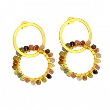 Multi Color Tourmaline Faceted Roundel Beads Gemstone Gold Plated Earrings