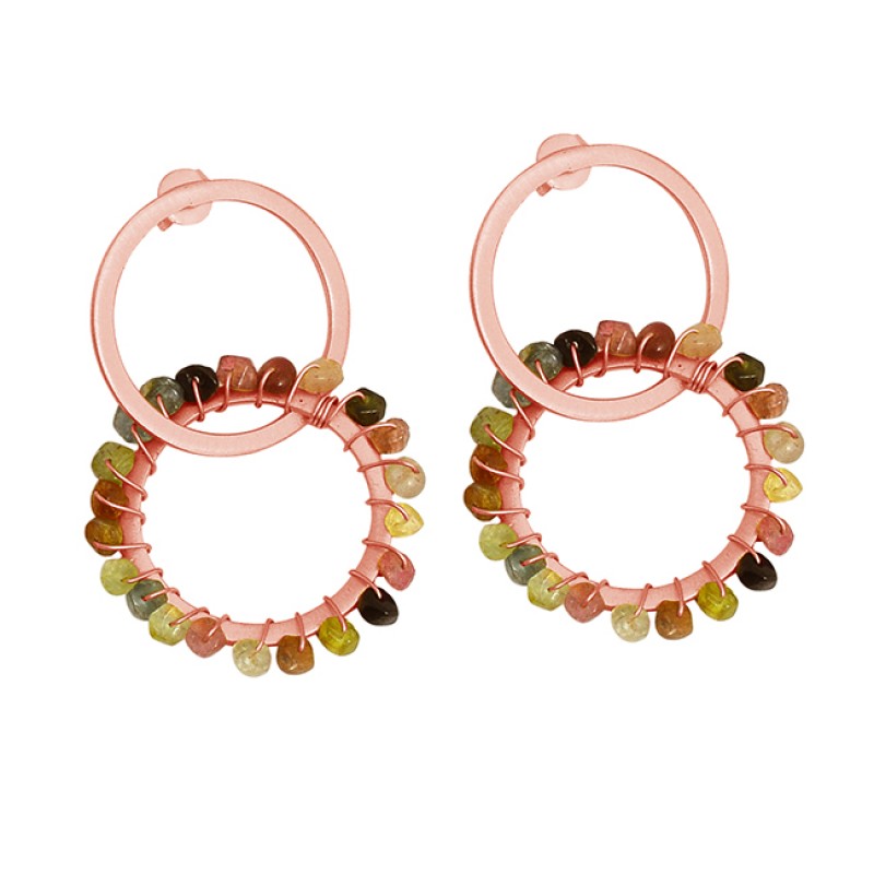 Multi Color Tourmaline Faceted Roundel Beads Gemstone Gold Plated Earrings