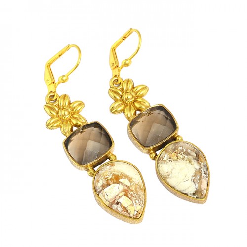 Smoky Breceted Mokite Gemstone 925 Sterling Silver Gold Plated Clip-On Earrings