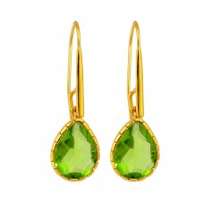 Pear Shape Peridot Gemstone 925 Sterling Silver Gold Plated Dangle Handmade Earrings