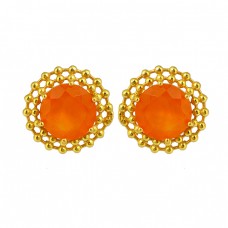 Filigree Designer Carnelian Round Shape Gemstone 925 Silver Gold Plaed Stud Earrings